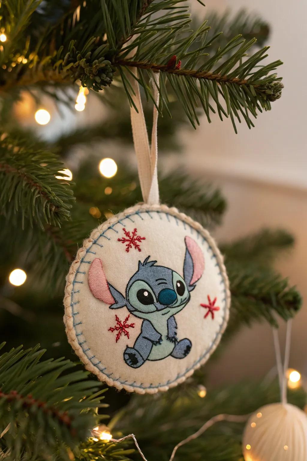 Add a touch of whimsy and craftsmanship to your tree with a hand-stitched Stitch ornament!