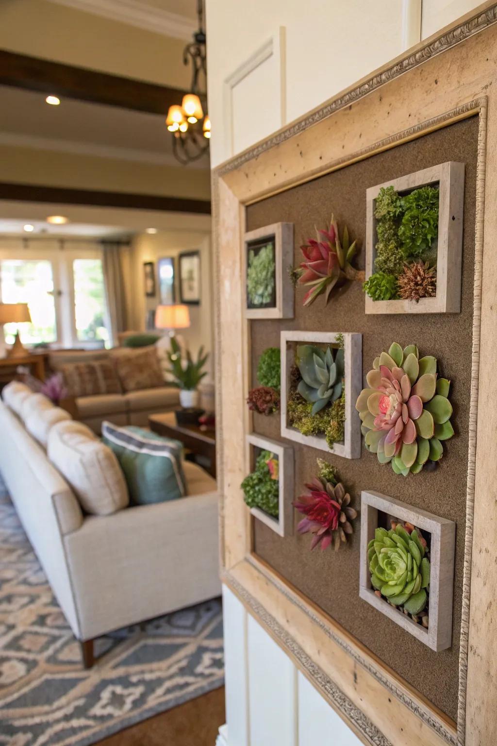 Shadow box frames with succulents add depth to your decor.