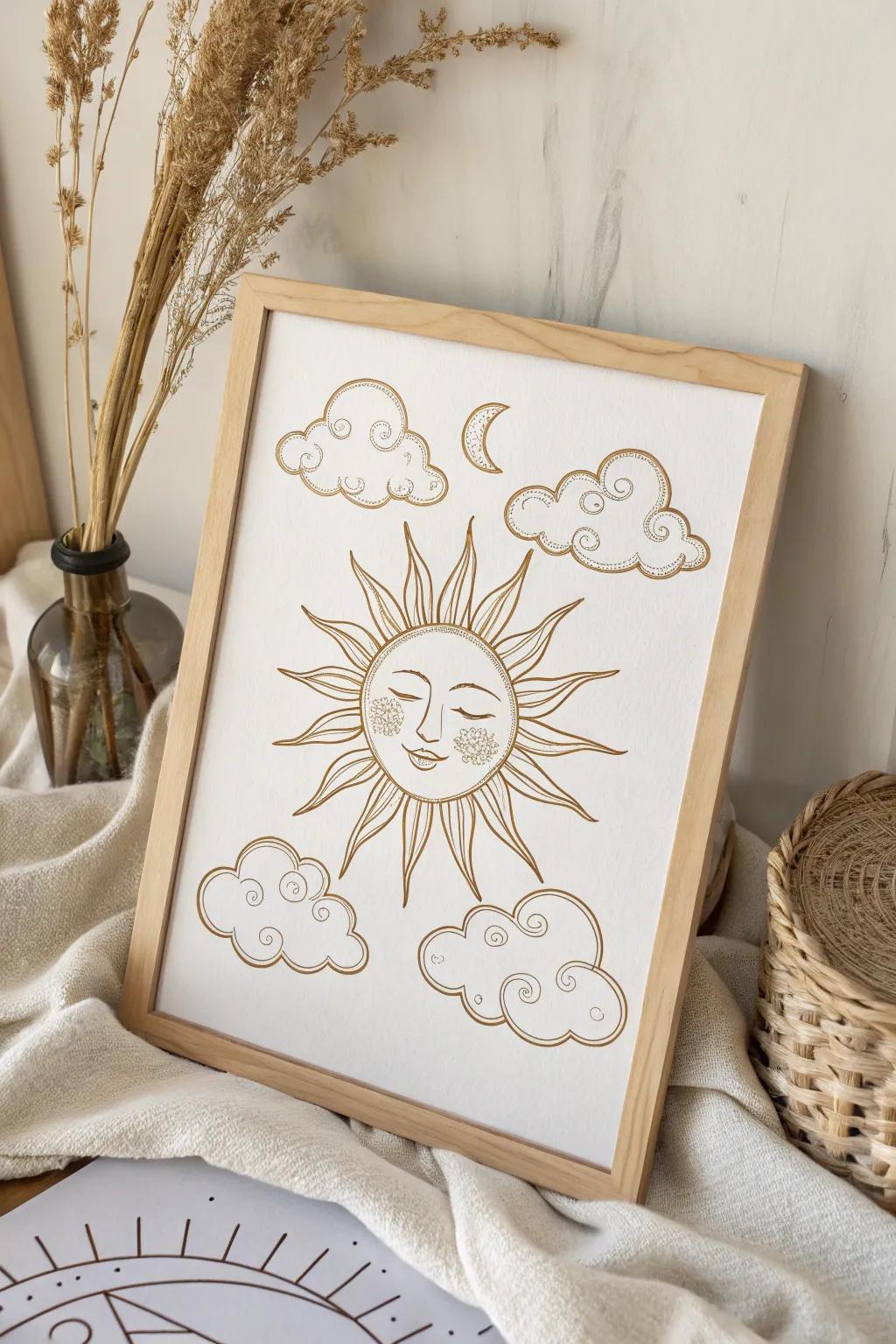 Embrace the gentle warmth of a sun surrounded by dreamy clouds, capturing the essence of minimalist boho elegance.