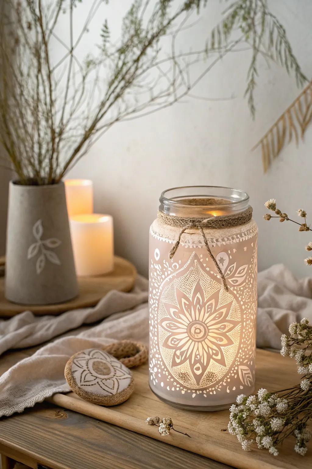 Transform ordinary glass jars into enchanting luminaries with a touch of boho elegance!
