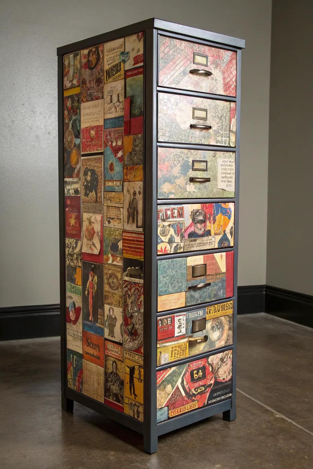 Transform your filing cabinet into a masterpiece with decoupage magic.