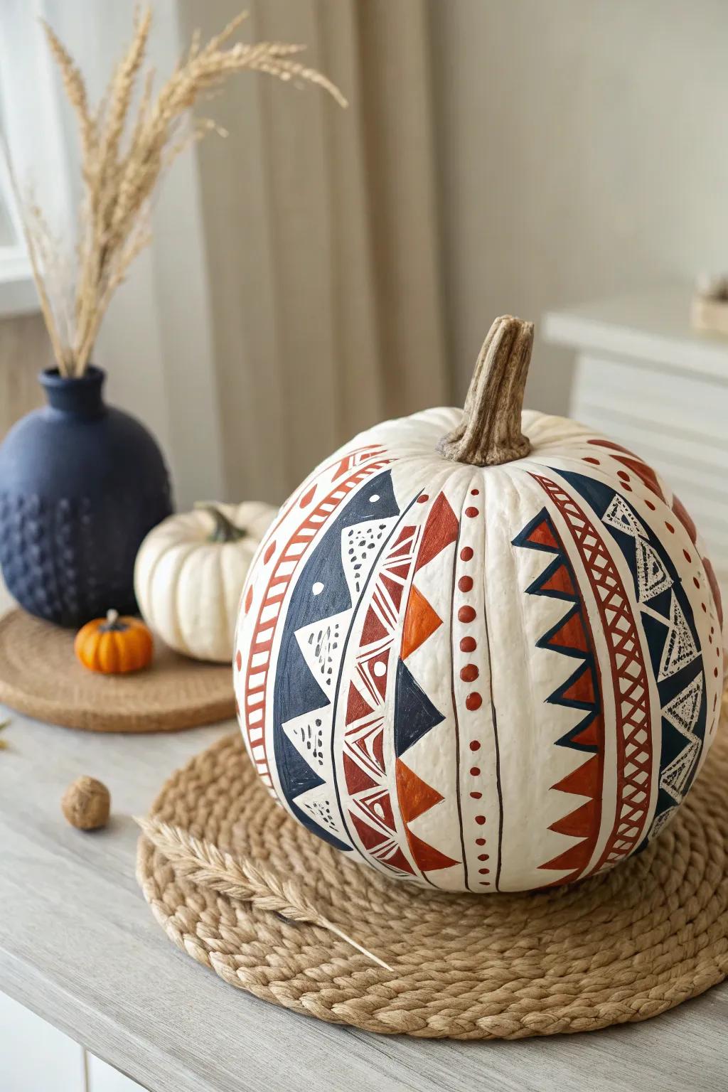 Transform your Thanksgiving decor with a chic geometric-patterned pumpkin, where modern design meets natural elegance.