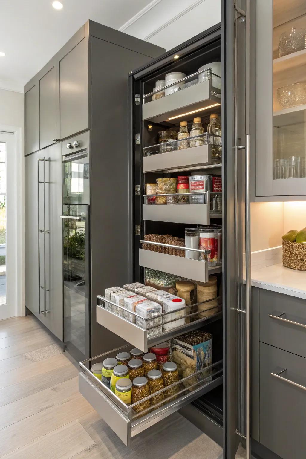 A compact pantry cabinet with ample storage.