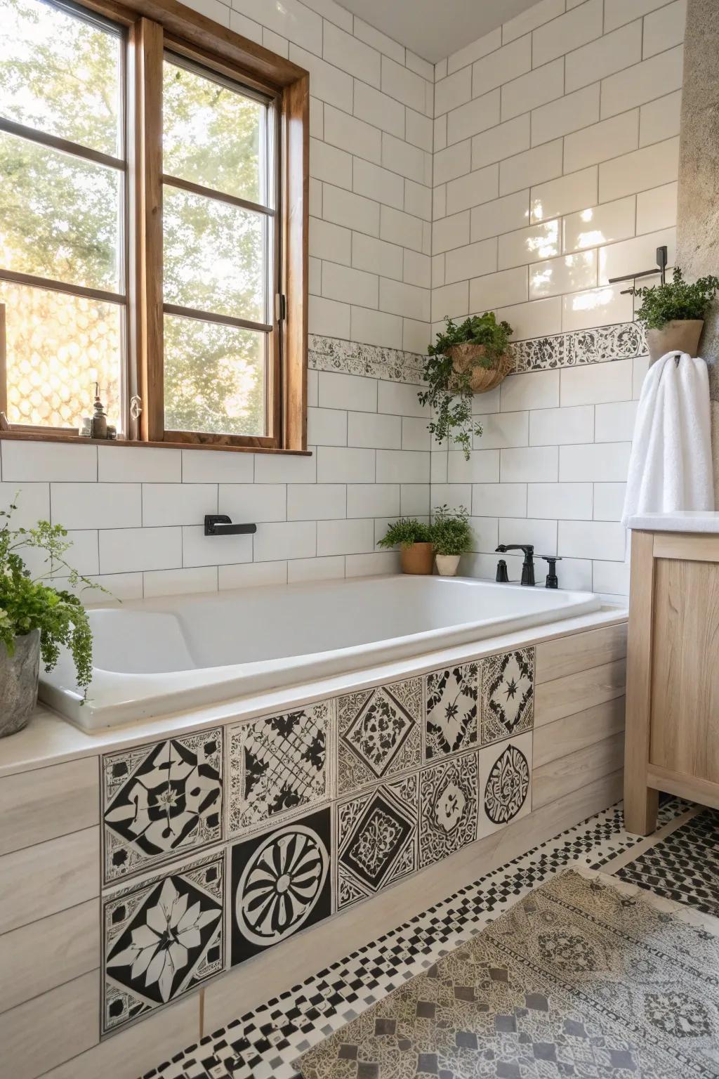 Embrace elegant simplicity with a monochrome tile tub surround that exudes timeless sophistication.