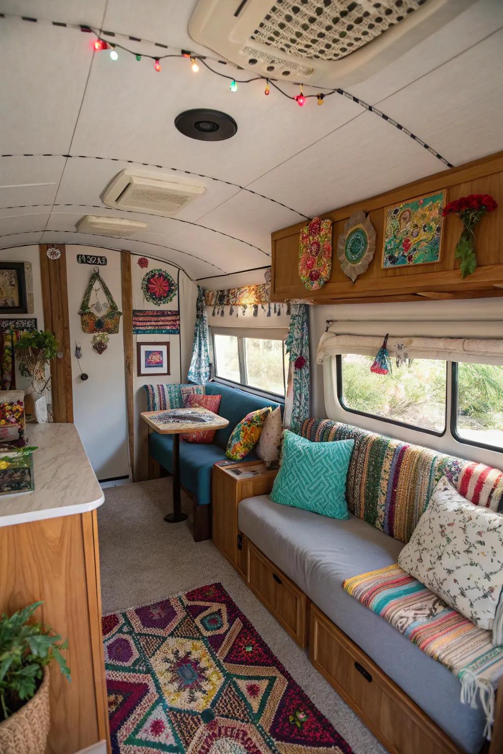 A travel trailer interior with personalized decor, reflecting the owner's unique style.