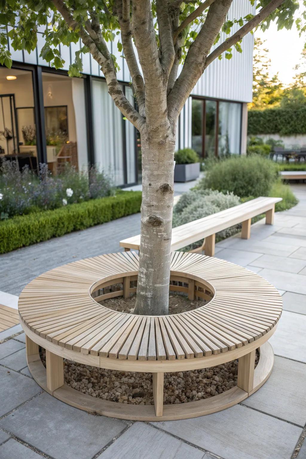 Embrace modern minimalism with this stunning tree bench, where simplicity meets natural elegance.