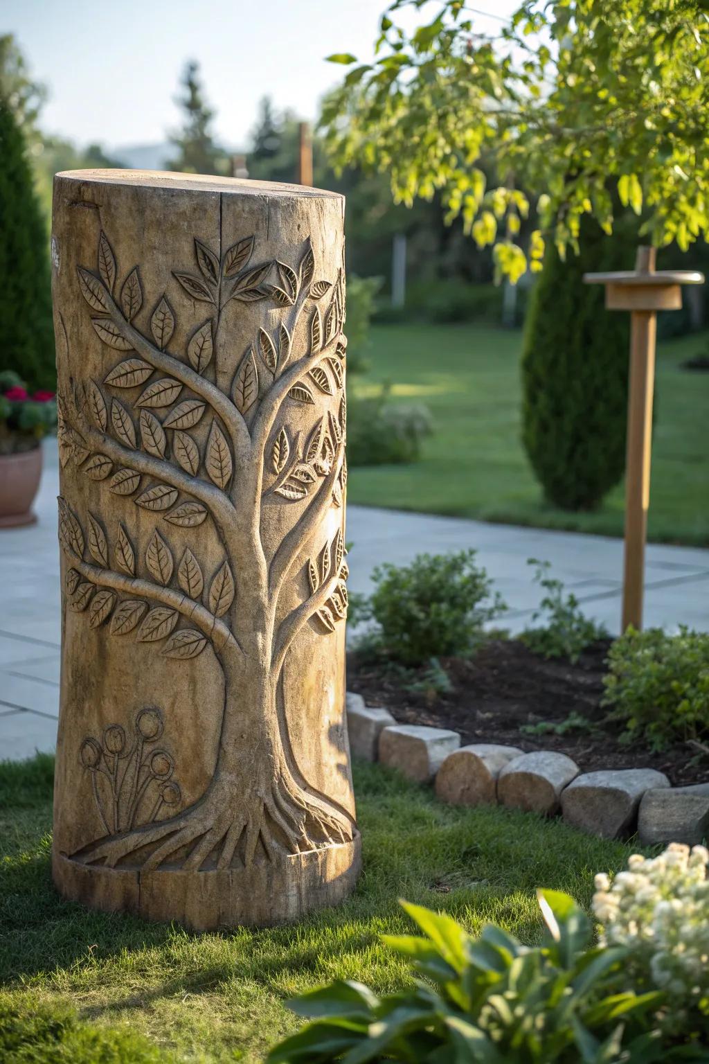 Discover the artistry in nature with this masterfully carved tree trunk centerpiece.
