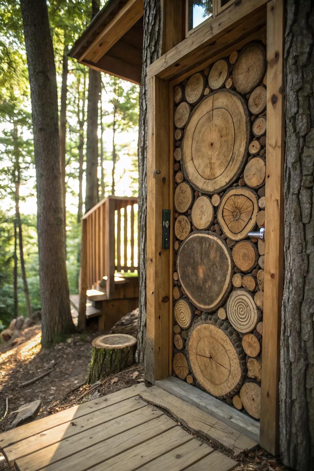 Unlock the charm of nature with this rustic log slice treehouse door.