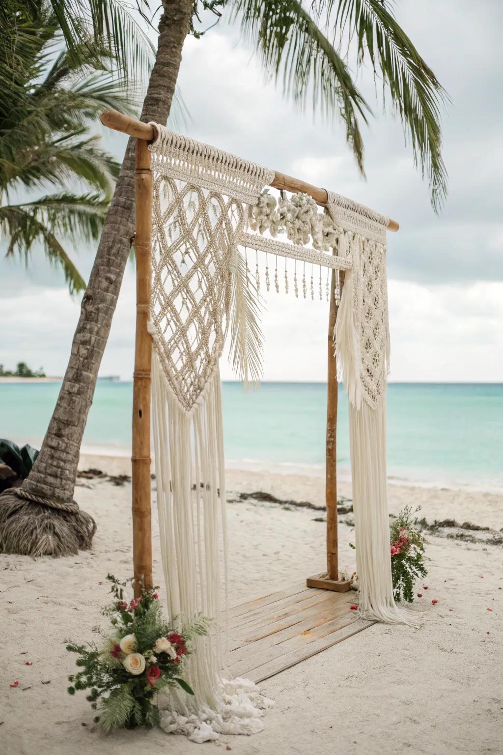 A bohemian macrame arch adding texture and style.