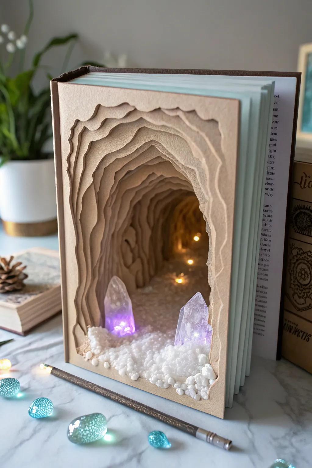 Dive into the enchanting world of a mystical cave, where paper layers reveal hidden treasures and glowing crystals.