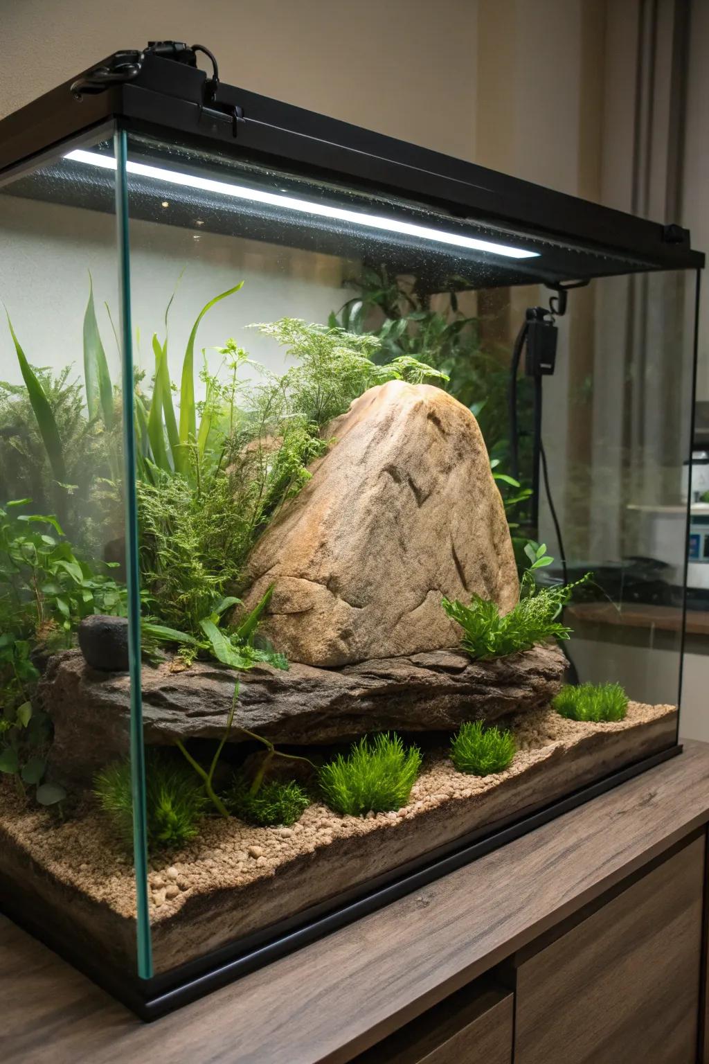 Create a serene retreat with natural hideaways for your turtle's peace and comfort.