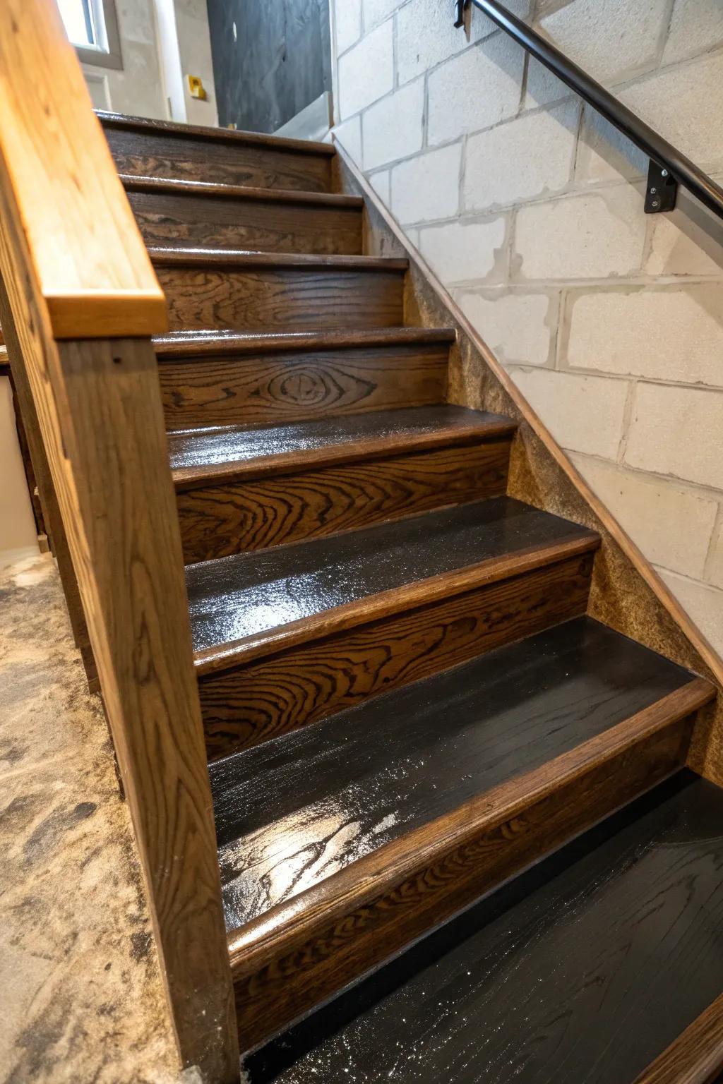 Transform your basement steps with the sleek durability of floor enamel for a polished, easy-to-maintain look.