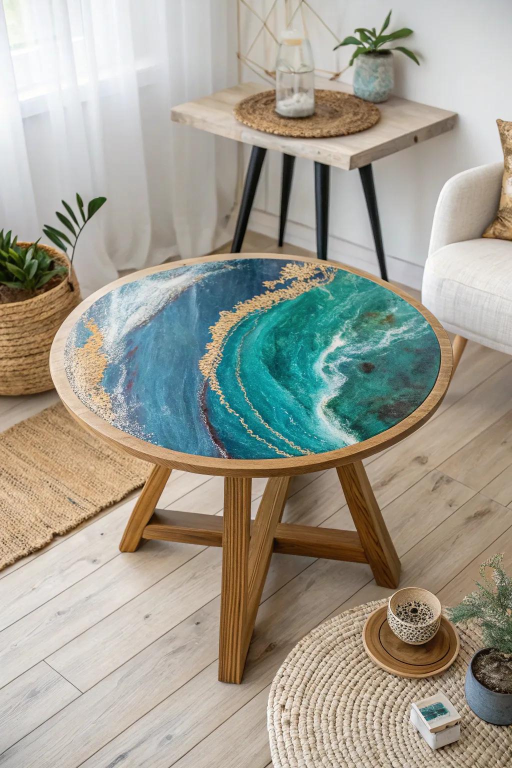 Dive into a swirl of colors with this stunning epoxy table centerpiece, where art meets functionality.