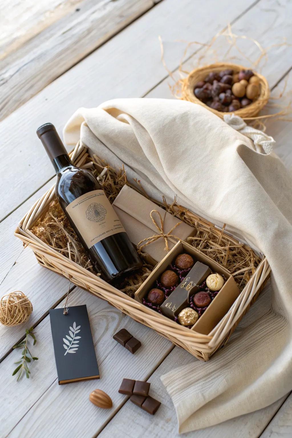 Indulge in the art of pairing: A wine and chocolate basket crafted for the discerning palate.