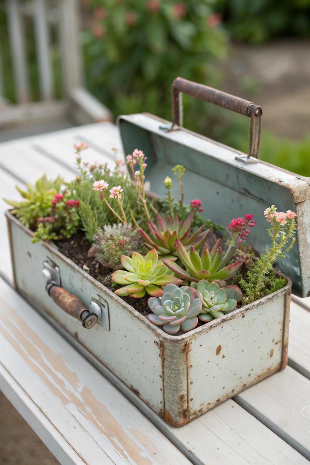 Transform a vintage toolbox into a charming planter for a touch of rustic elegance in your garden.