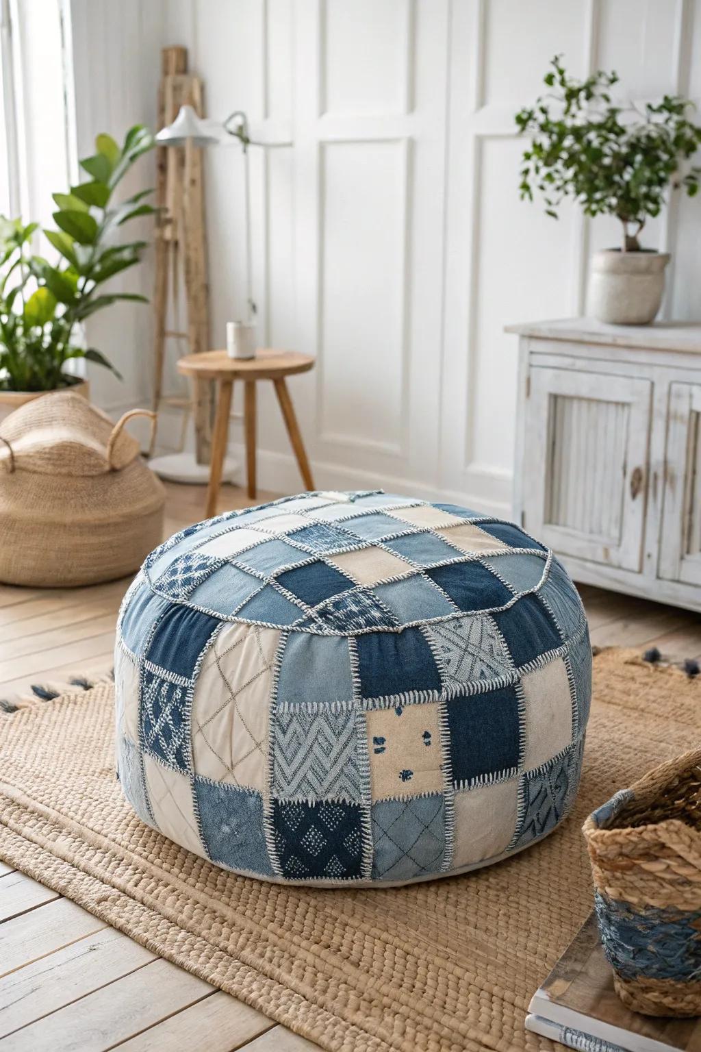 Transform your space with a cozy touch of denim patchwork elegance.