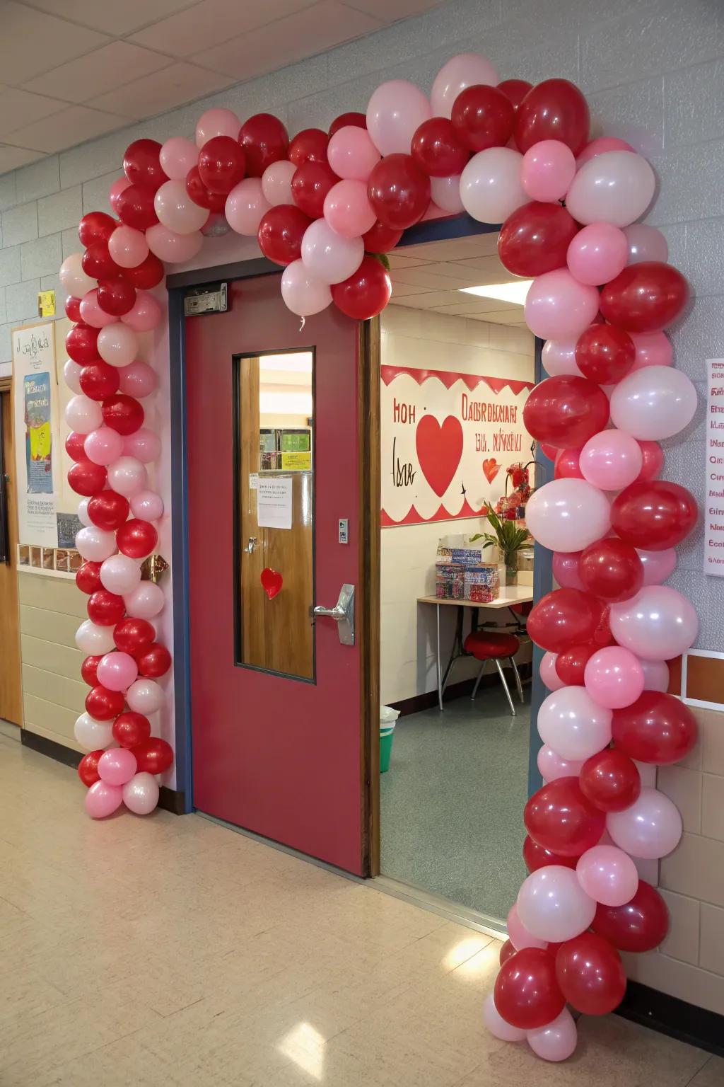A grand entrance through a heart-shaped balloon archway.