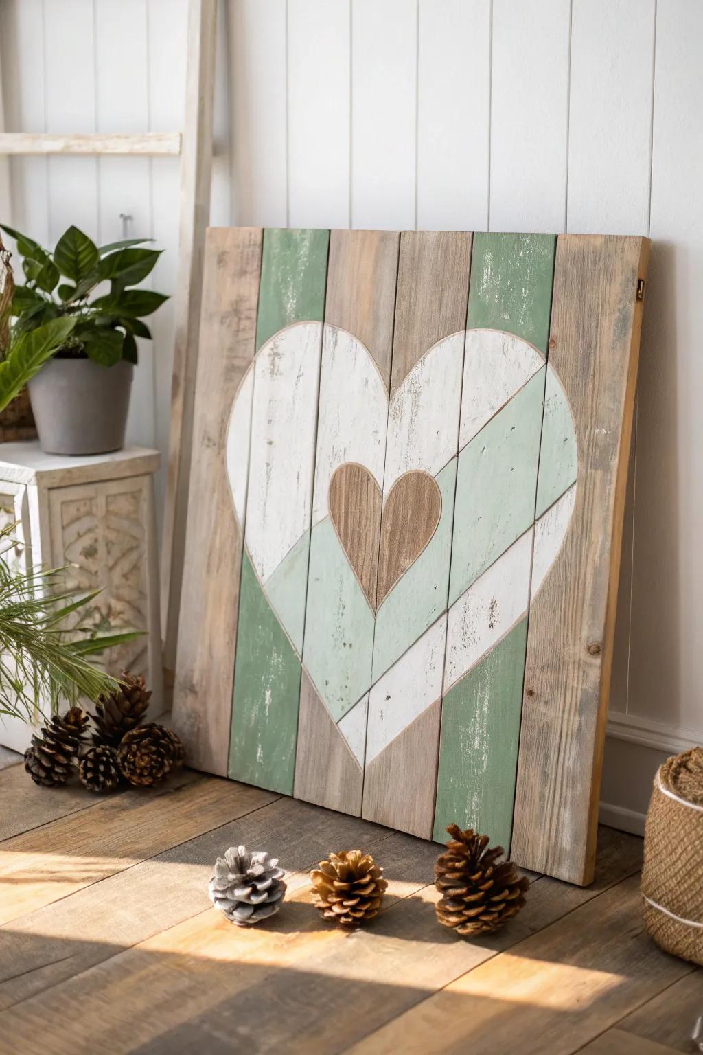 Embrace the warmth of rustic elegance with this handcrafted wooden heart canvas.