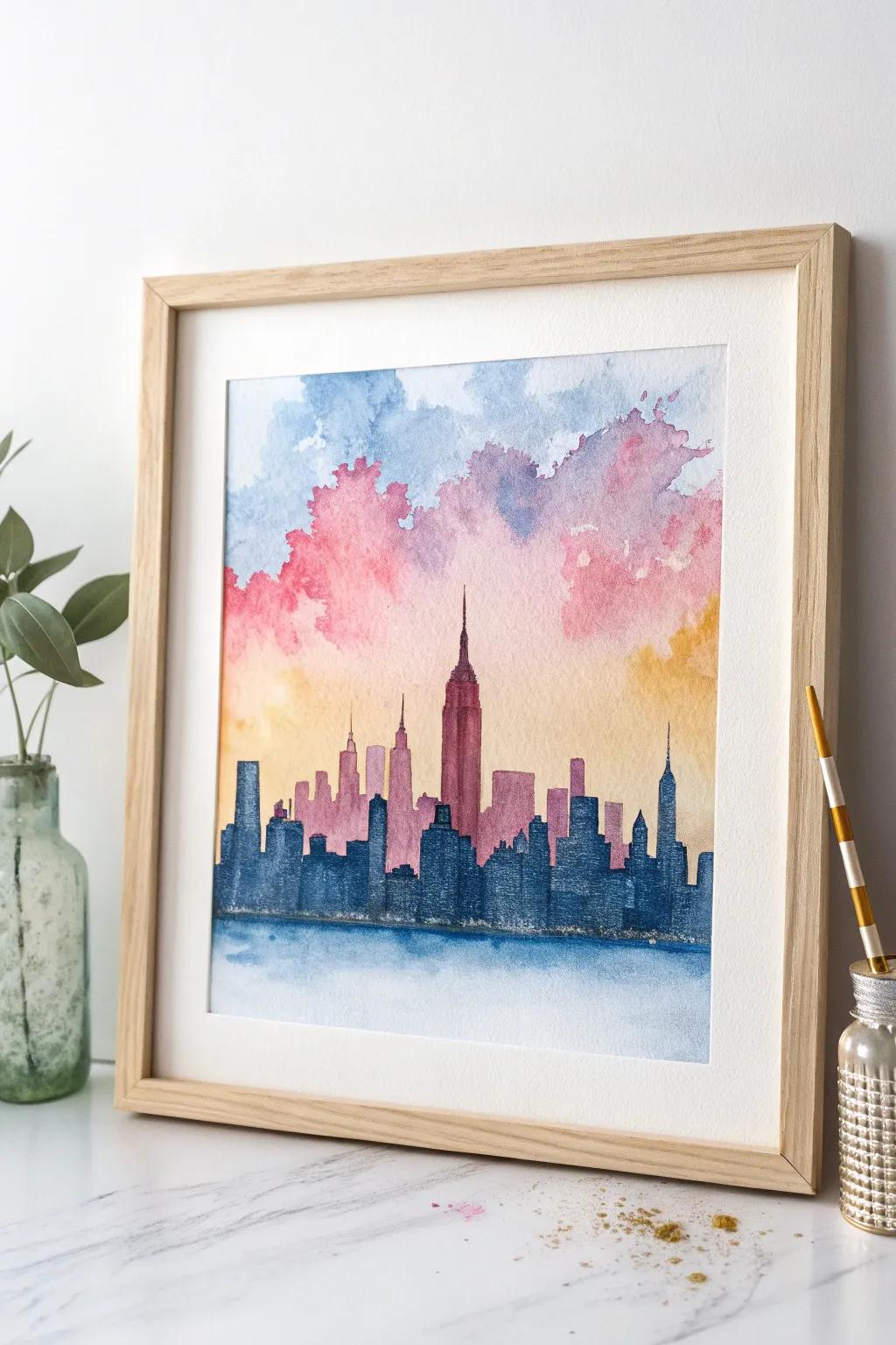 Bring urban elegance to your space with a minimalist city skyline watercolor.