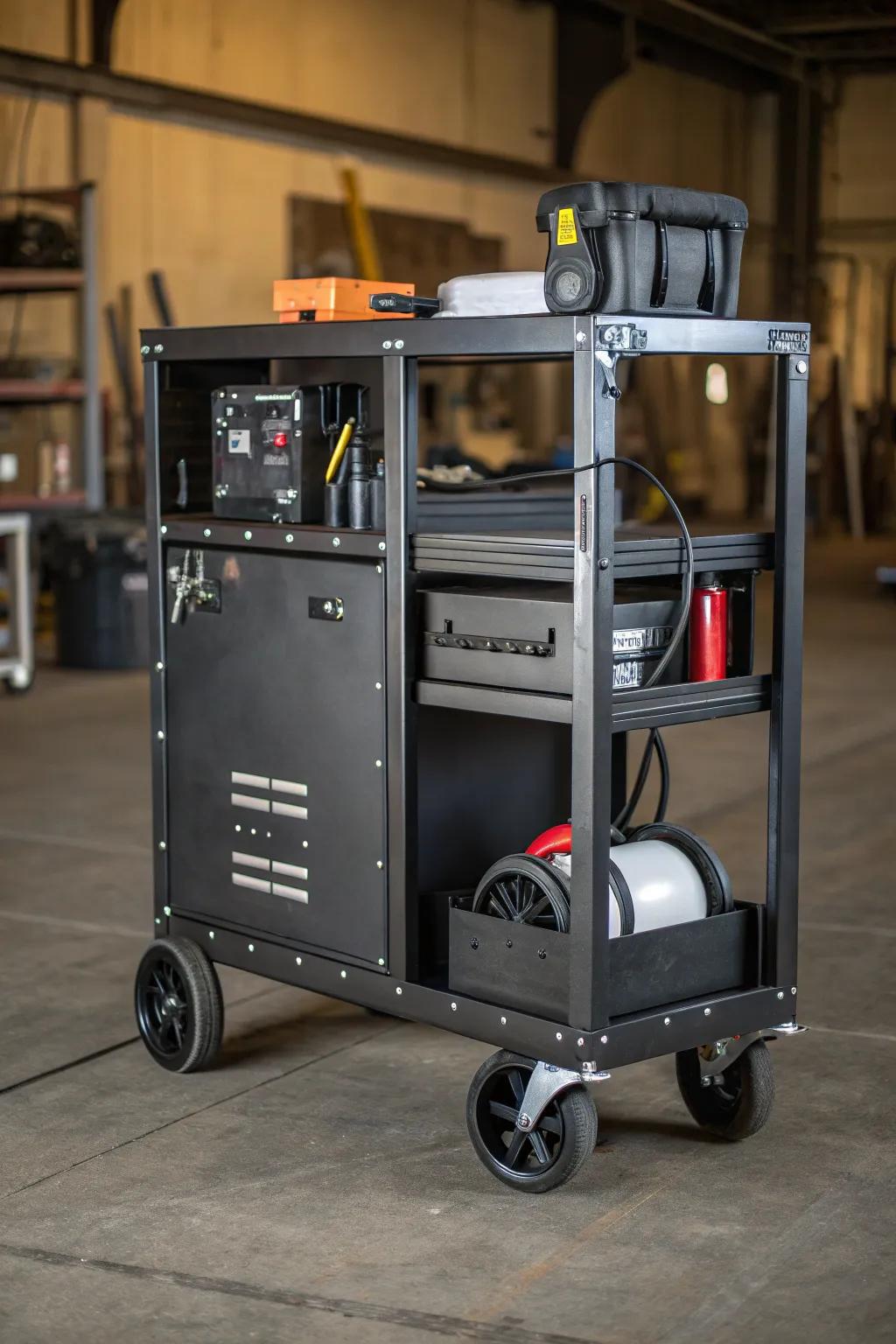 Elevate your workshop game with this expertly crafted mobile welding cart. Mobility meets craftsmanship.