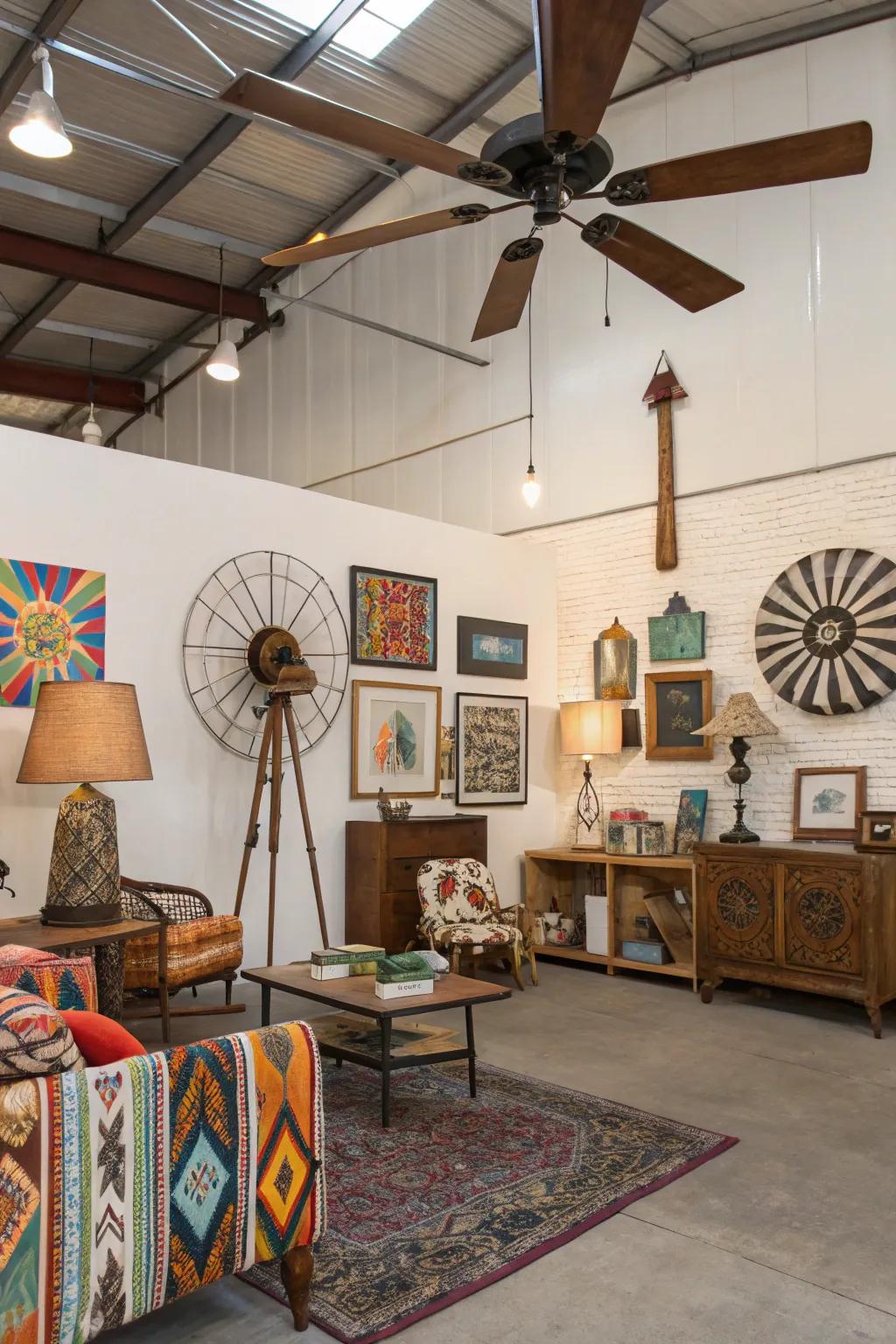 A windmill ceiling fan serves as both a statement piece and a practical element.