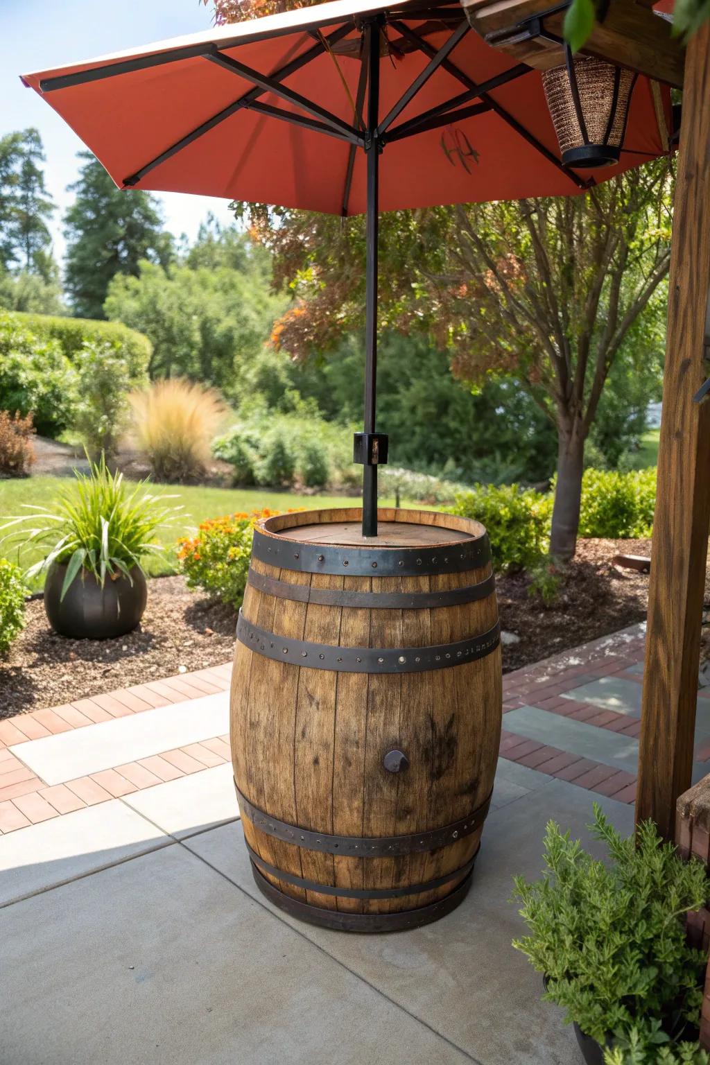 Transform your patio with a handcrafted wine barrel umbrella stand.