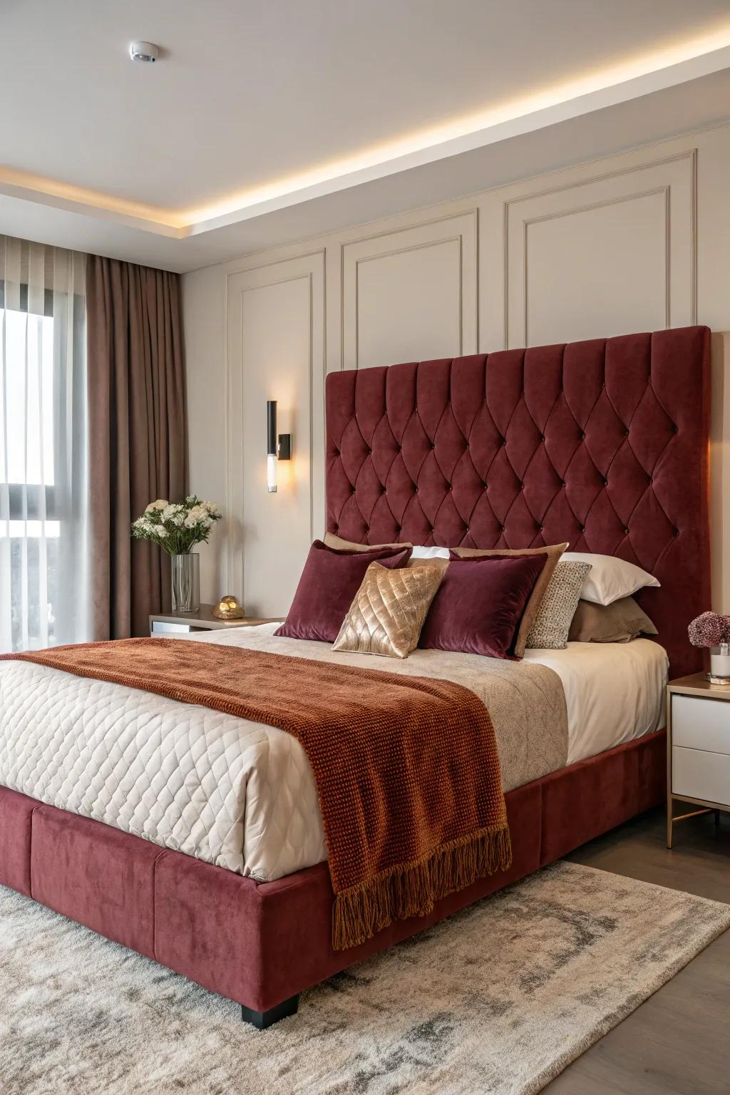 A velvet headboard adds a touch of luxury to your bedroom.