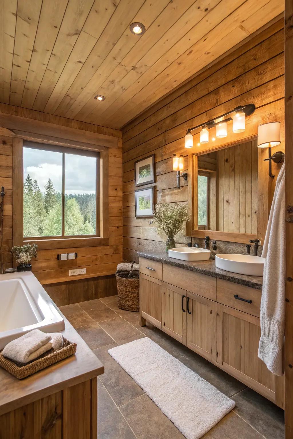 Earthy tones enhance the warmth of wood walls in this bathroom.