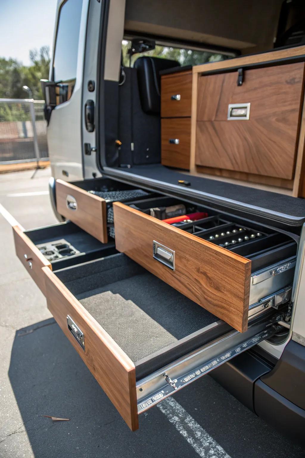 Discover the perfect blend of elegance and utility with this expertly crafted sliding drawer under a false floor—ideal for organized, discreet tool storage in your work van.