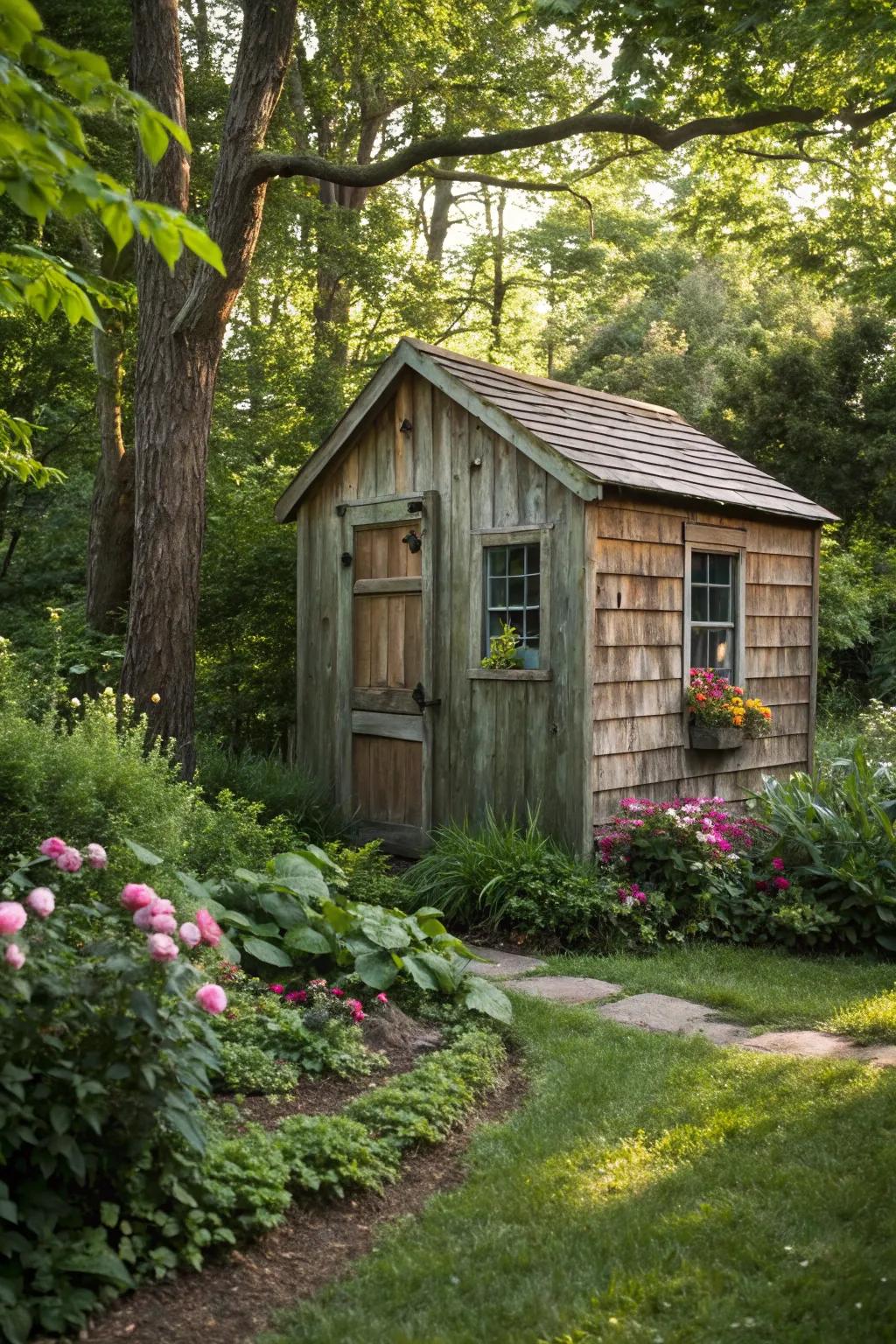 A hidden writing shed retreat enveloped by nature's embrace.