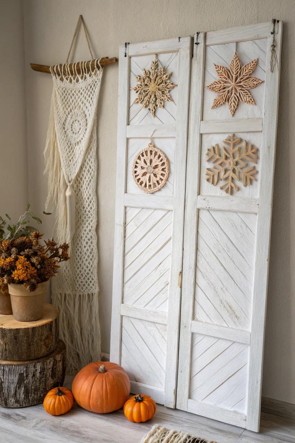 Transform old shutters into enchanting holiday decor with a touch of Scandi-Boho elegance.