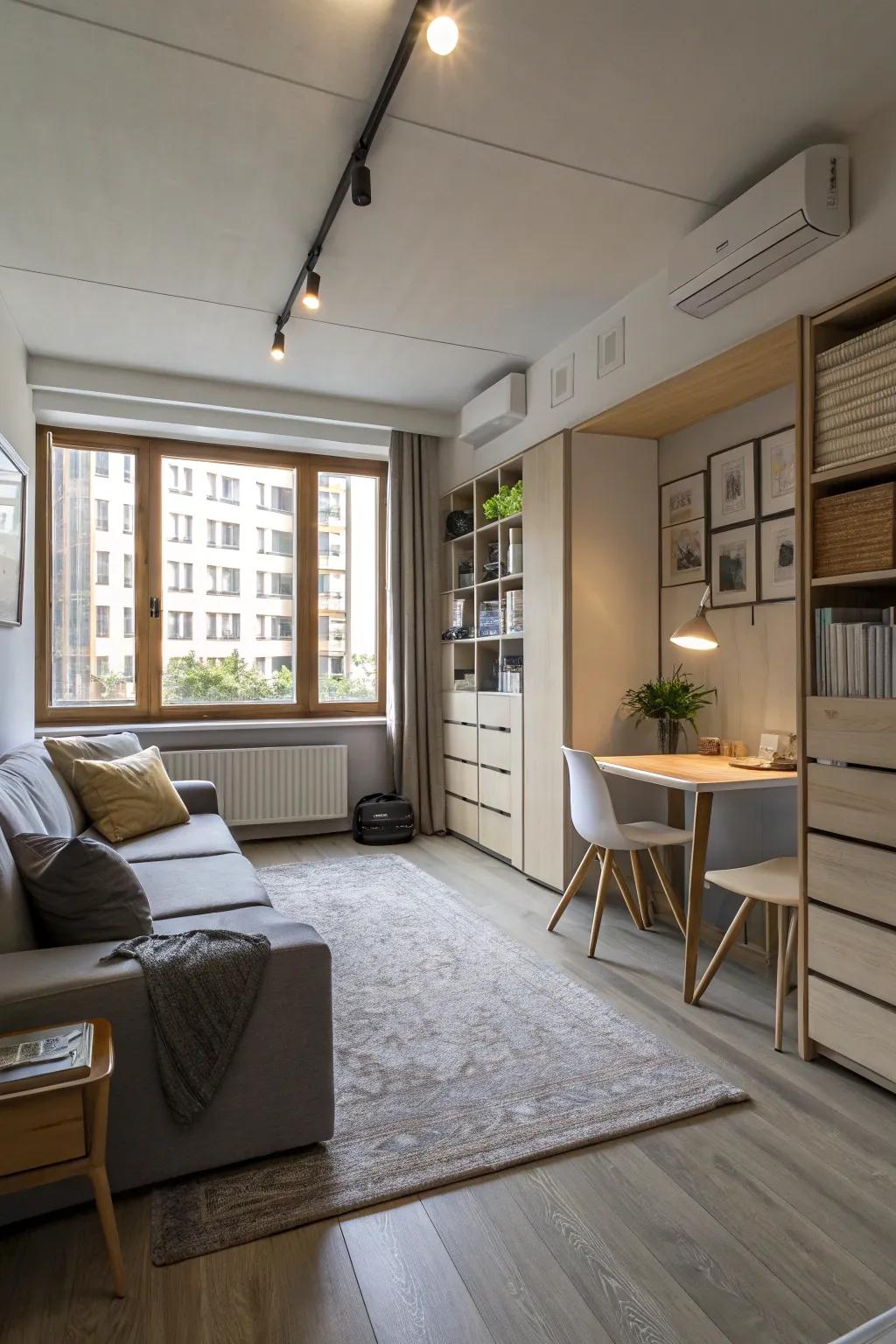 Modular furniture offers adaptable solutions for dynamic studio living.