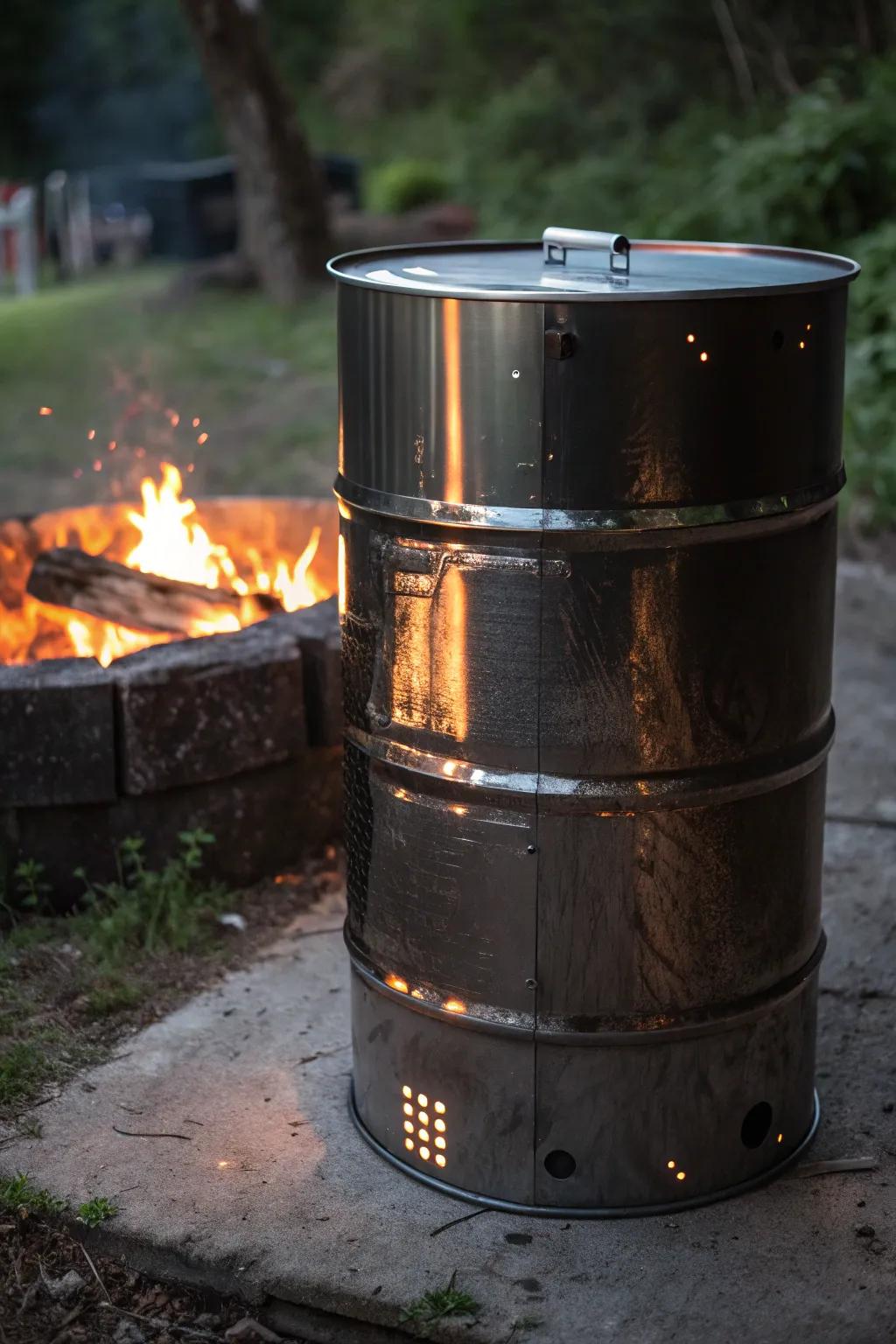 Enhance your outdoor ambiance with a burn barrel featuring a masterfully designed reflective heat shield.
