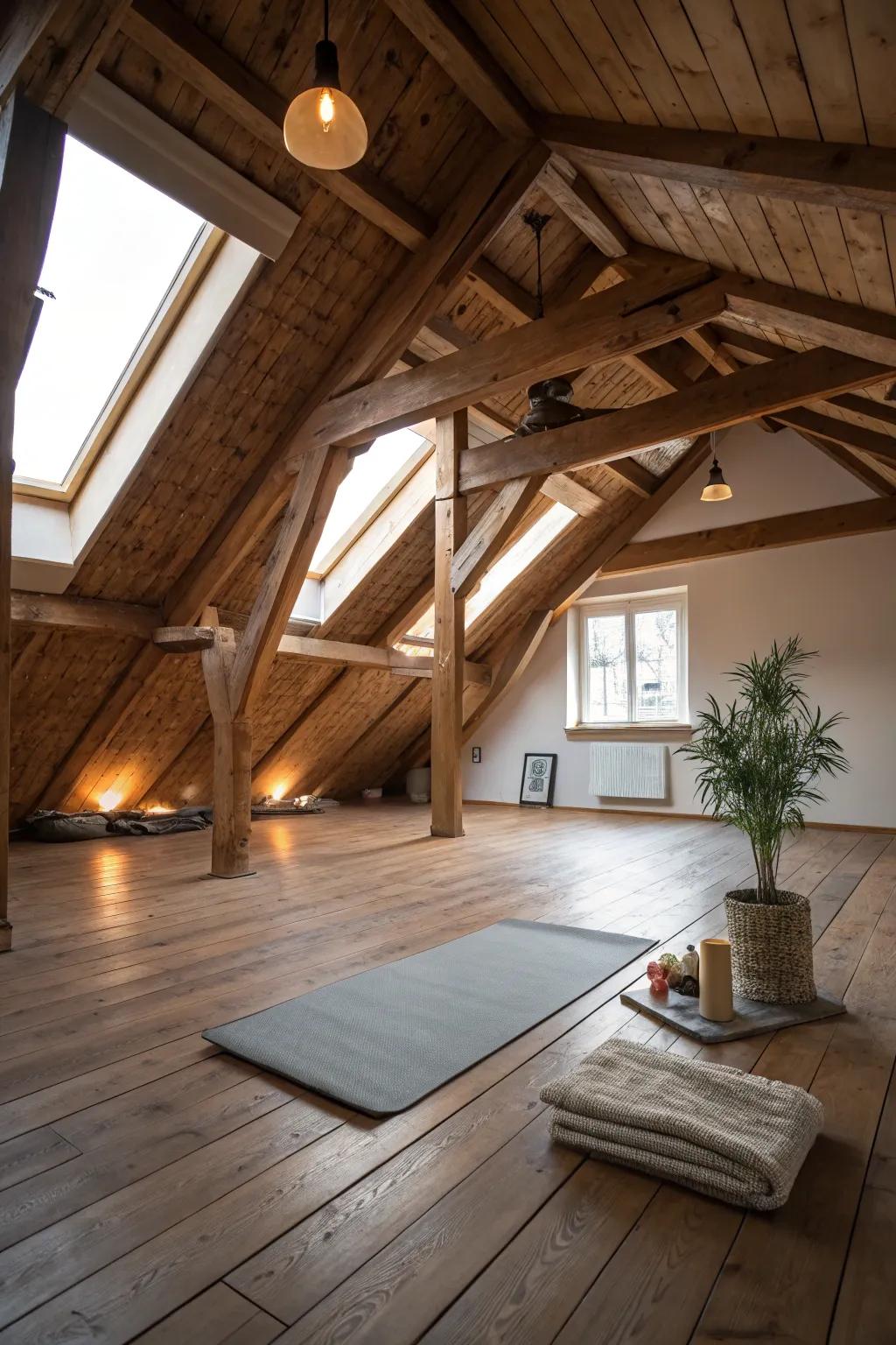 Elevate your practice in a beautifully crafted attic yoga studio.
