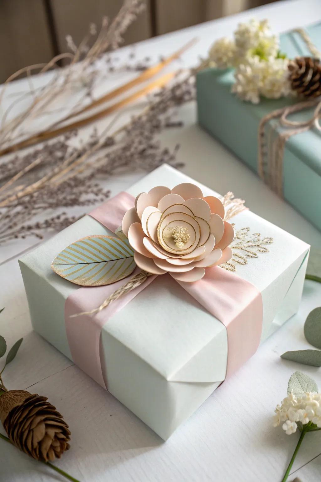 Add a touch of elegance with a handcrafted paper flower topper for your baby shower gift.