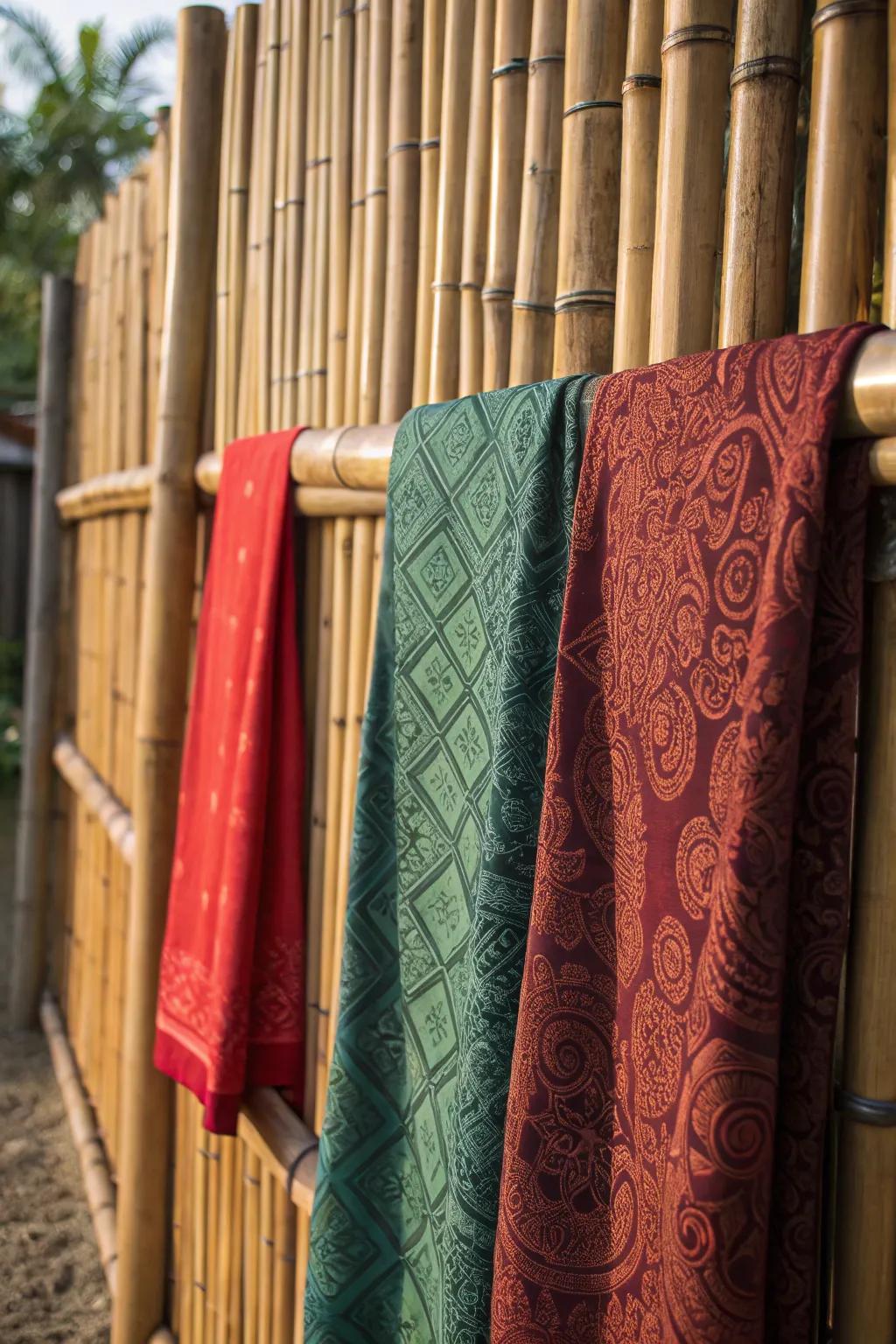 Elevate your outdoor space with a touch of artistry: Bamboo fencing meets vibrant fabric accents for a unique blend of nature and craft.