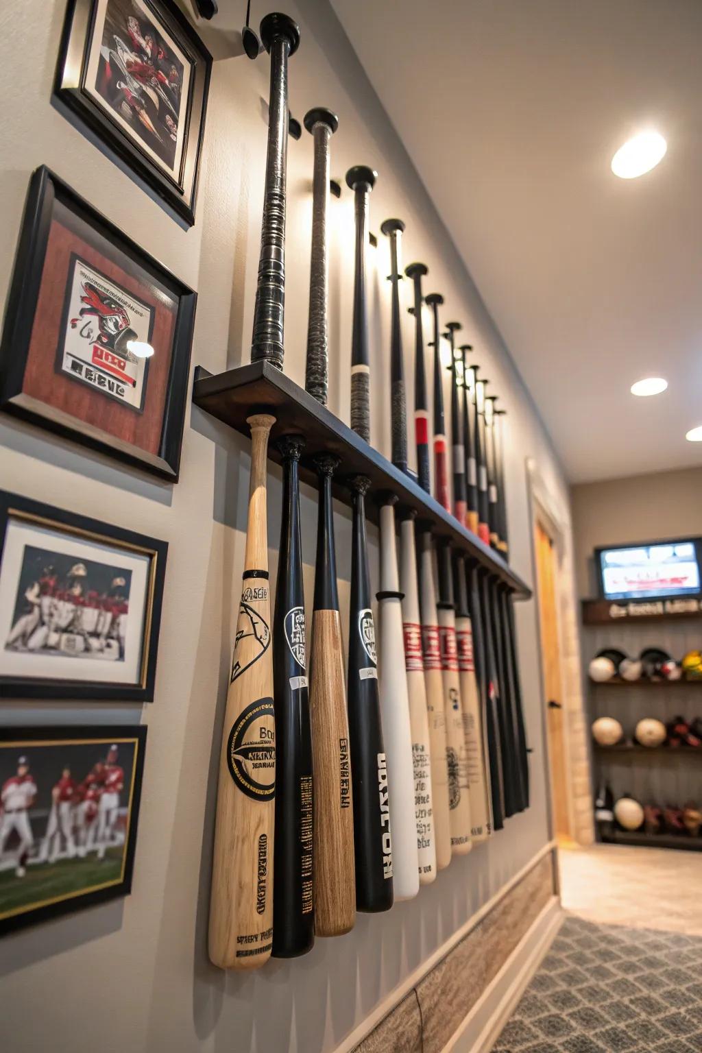 Bat racks provide a creative and organized way to display sports gear.