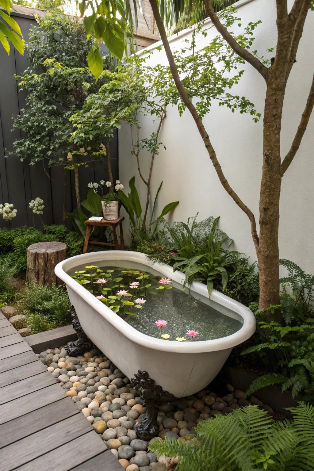 Escape to your own backyard oasis with a stunning bathtub pond, transforming your space into a lush, miniature jungle paradise.