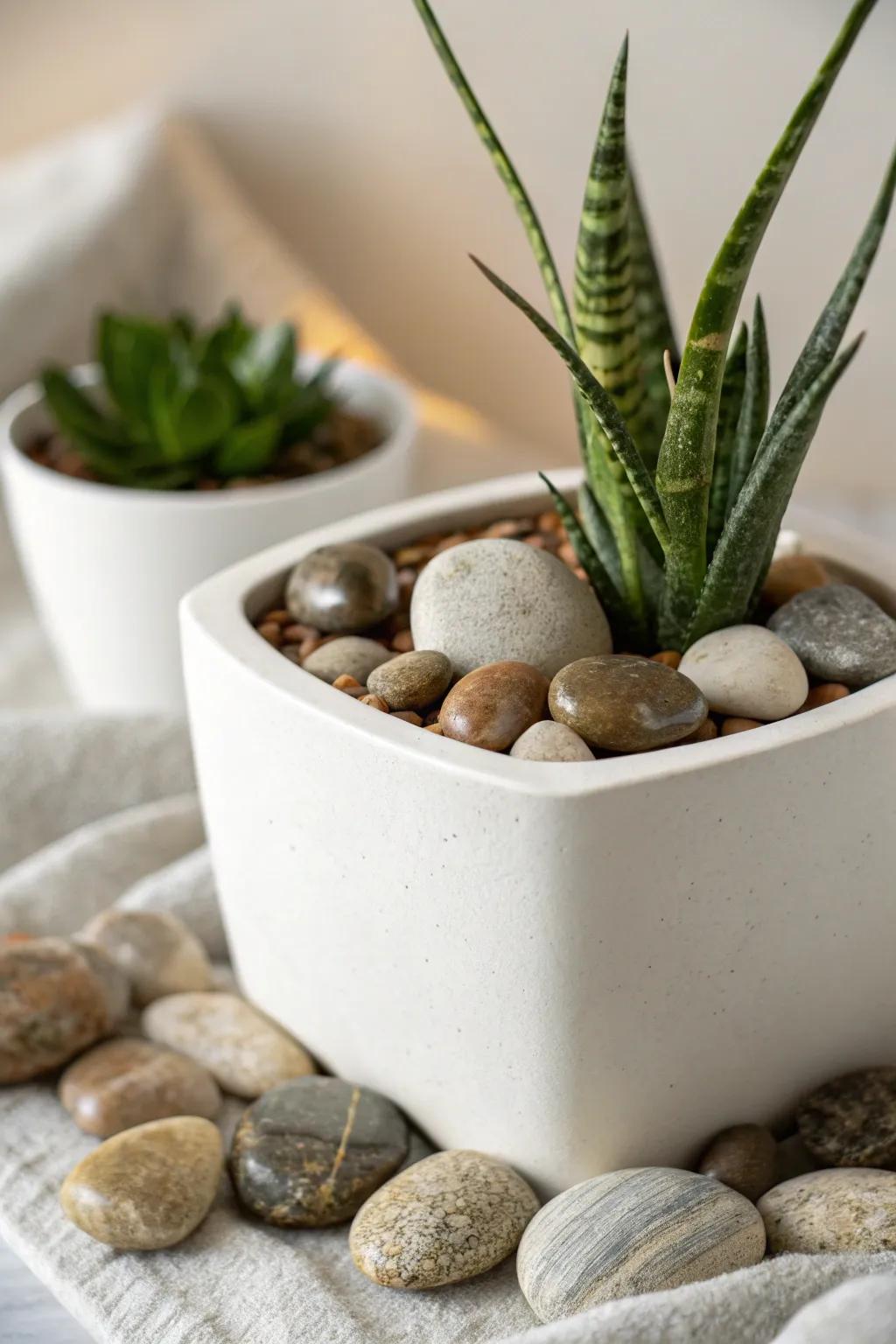 Transform your planters with the serene beauty of beach pebbles for a touch of nature's art.