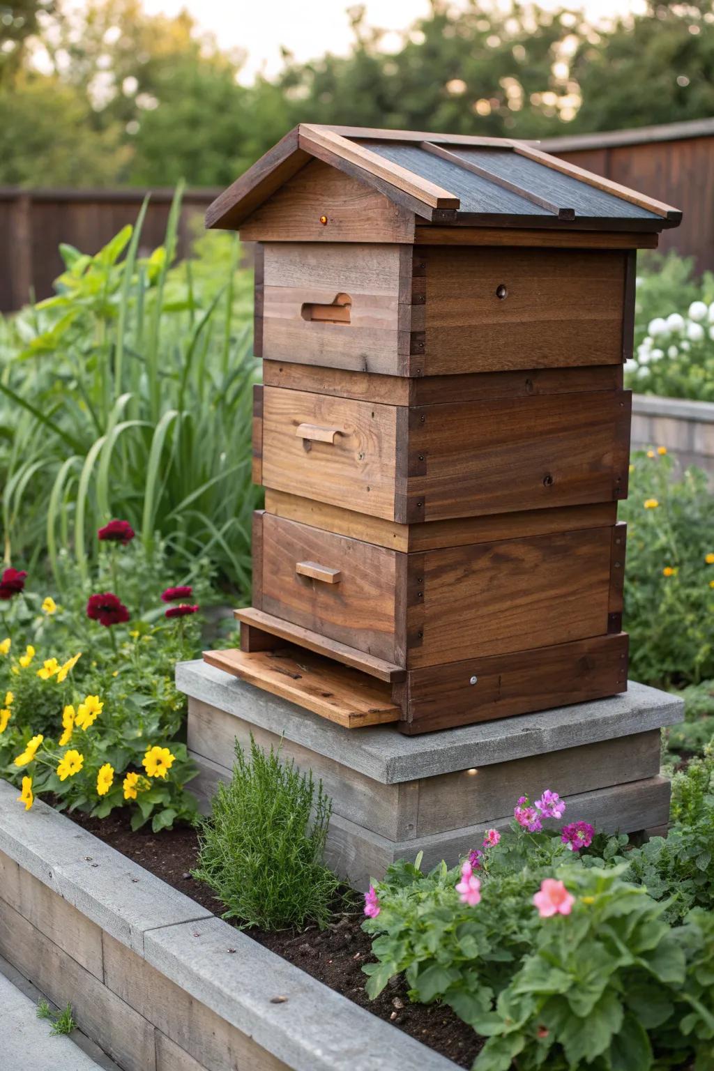 Elevate your garden's charm with this artisanal bee hive stand, perfectly nestled in a flourishing raised garden bed.