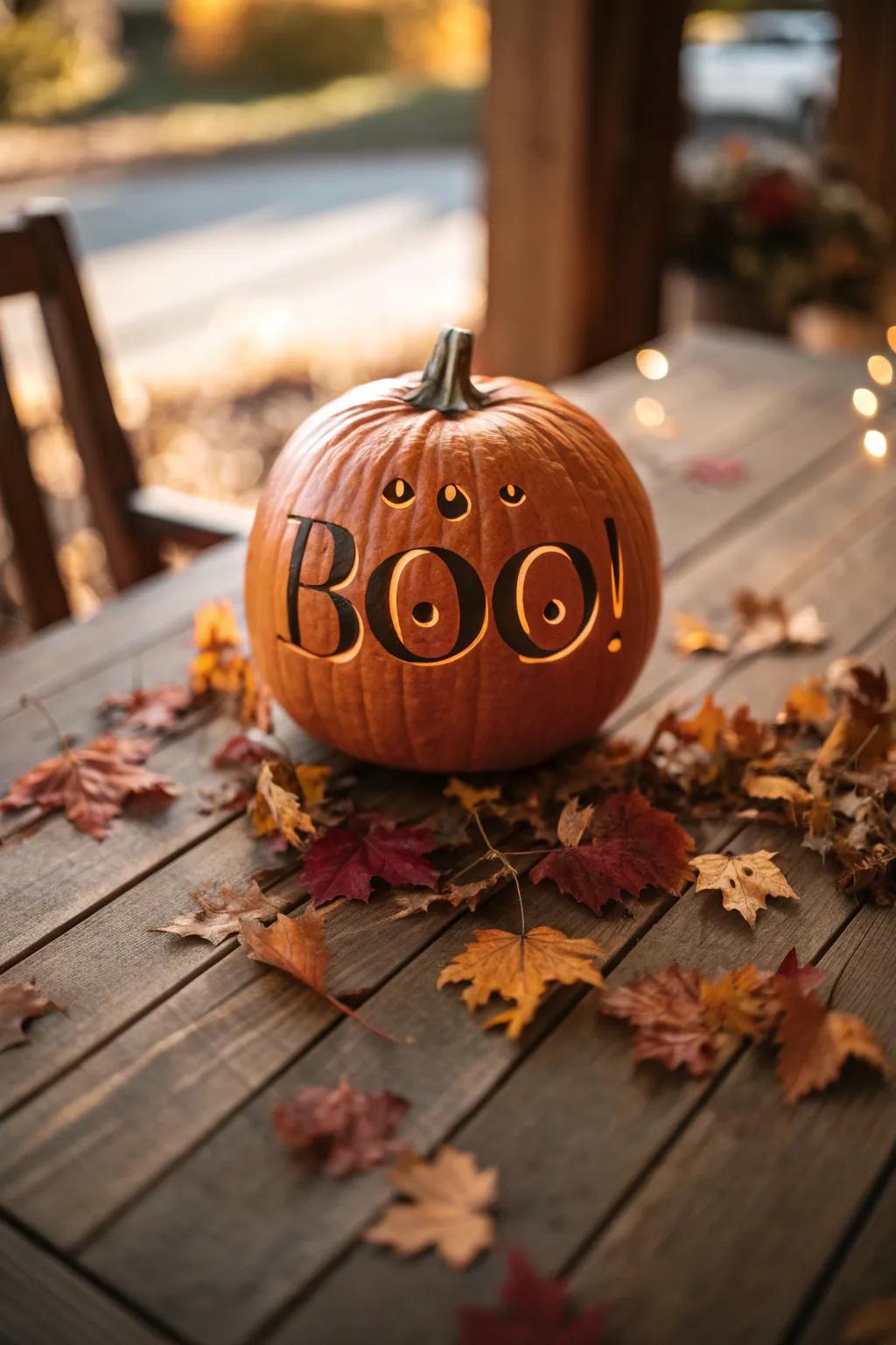 Craftsmanship meets Halloween spirit with this beautifully carved 'Boo!' pumpkin.