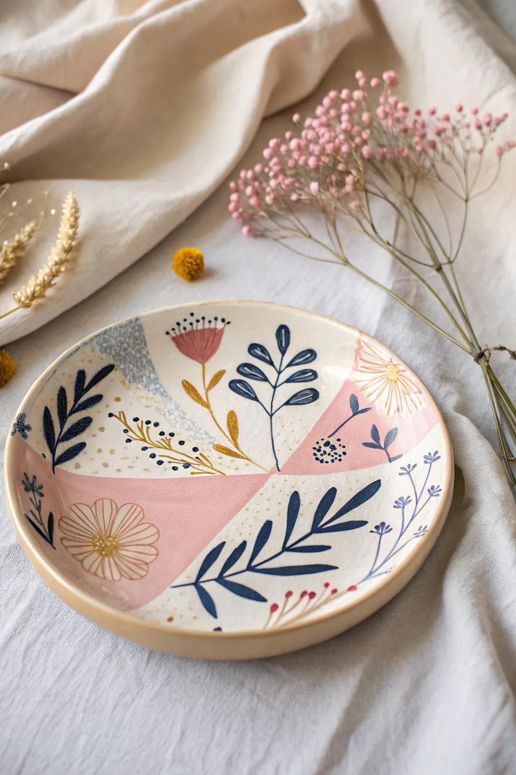 Embrace the art of contrast with this uniquely painted plate, where florals meet geometry, creating a canvas of beauty and personality.