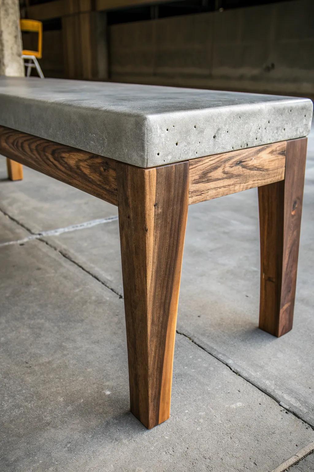 Discover the perfect blend of urban cool and natural warmth with this concrete and wood bench leg design.