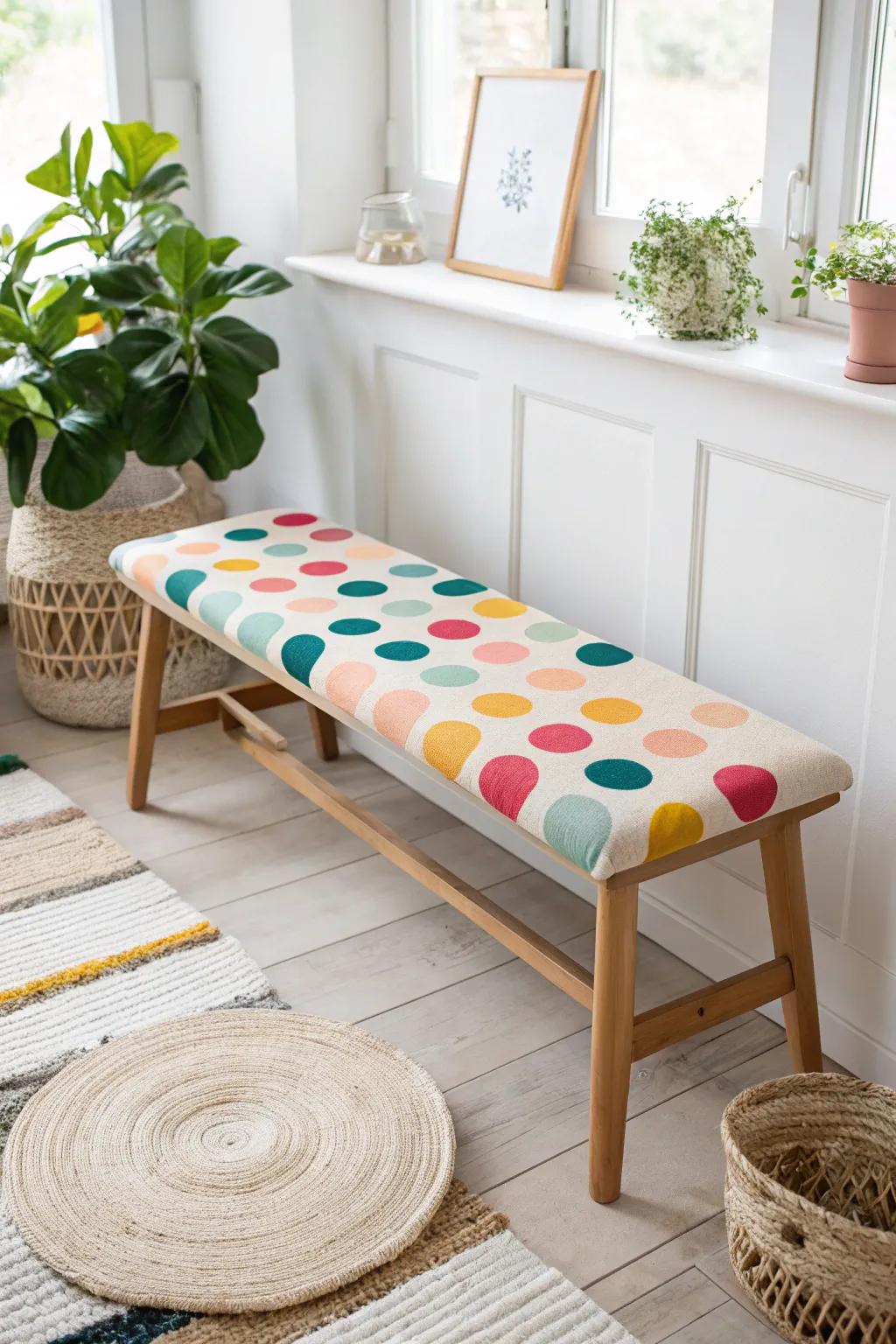 Add a playful burst of color to your space with a polka-dotted bench that charms both kids and adults alike!