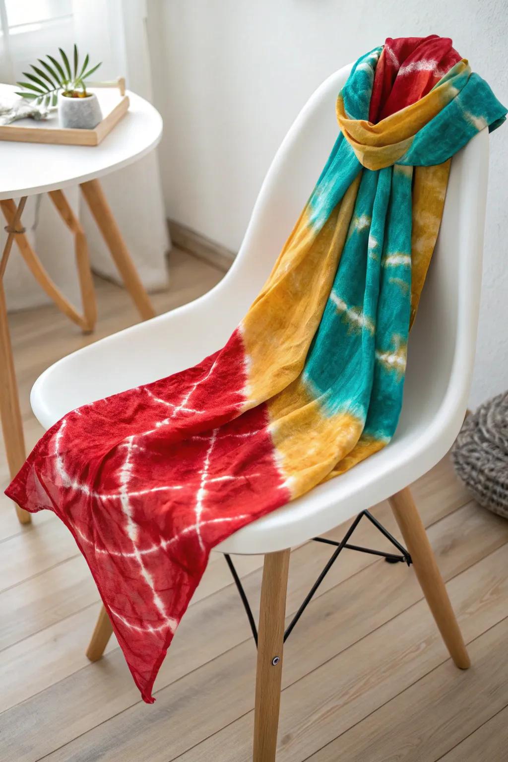 Embrace a retro vibe with bold tie-dye colors: bright red, teal, and mustard. Perfect for adding a touch of vintage charm to your space!