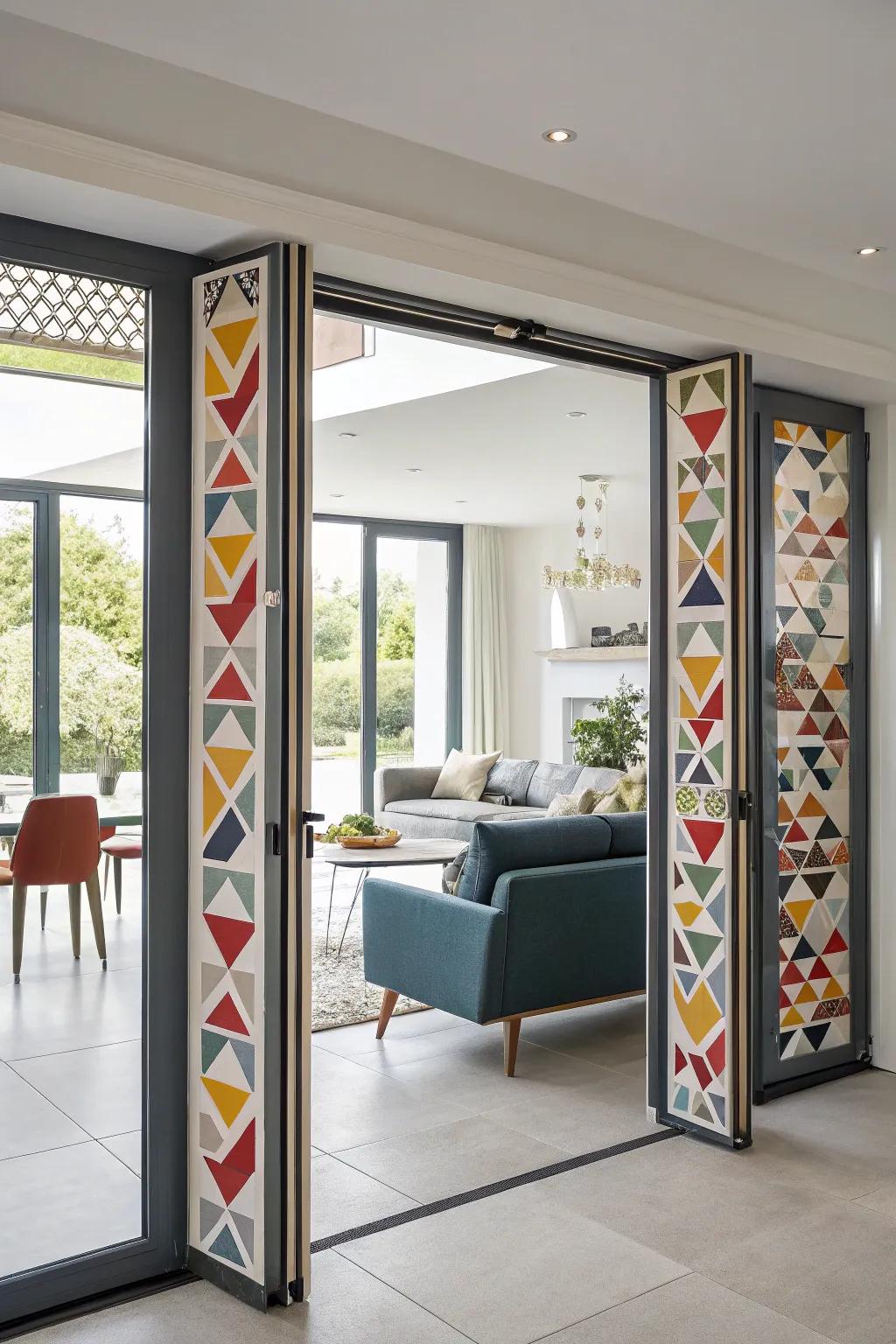 Geometric patterned handles make a bold statement on bifold doors.