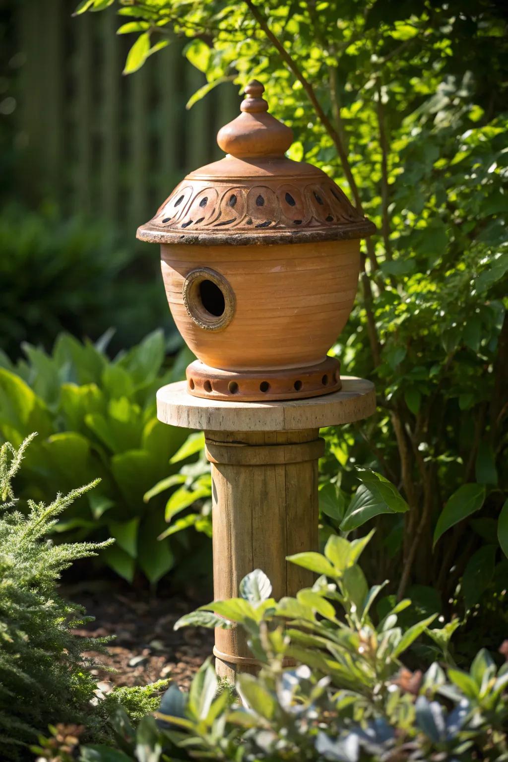 Craftsmanship in Nature: A rustic clay pot birdhouse, perfectly at home in the garden.