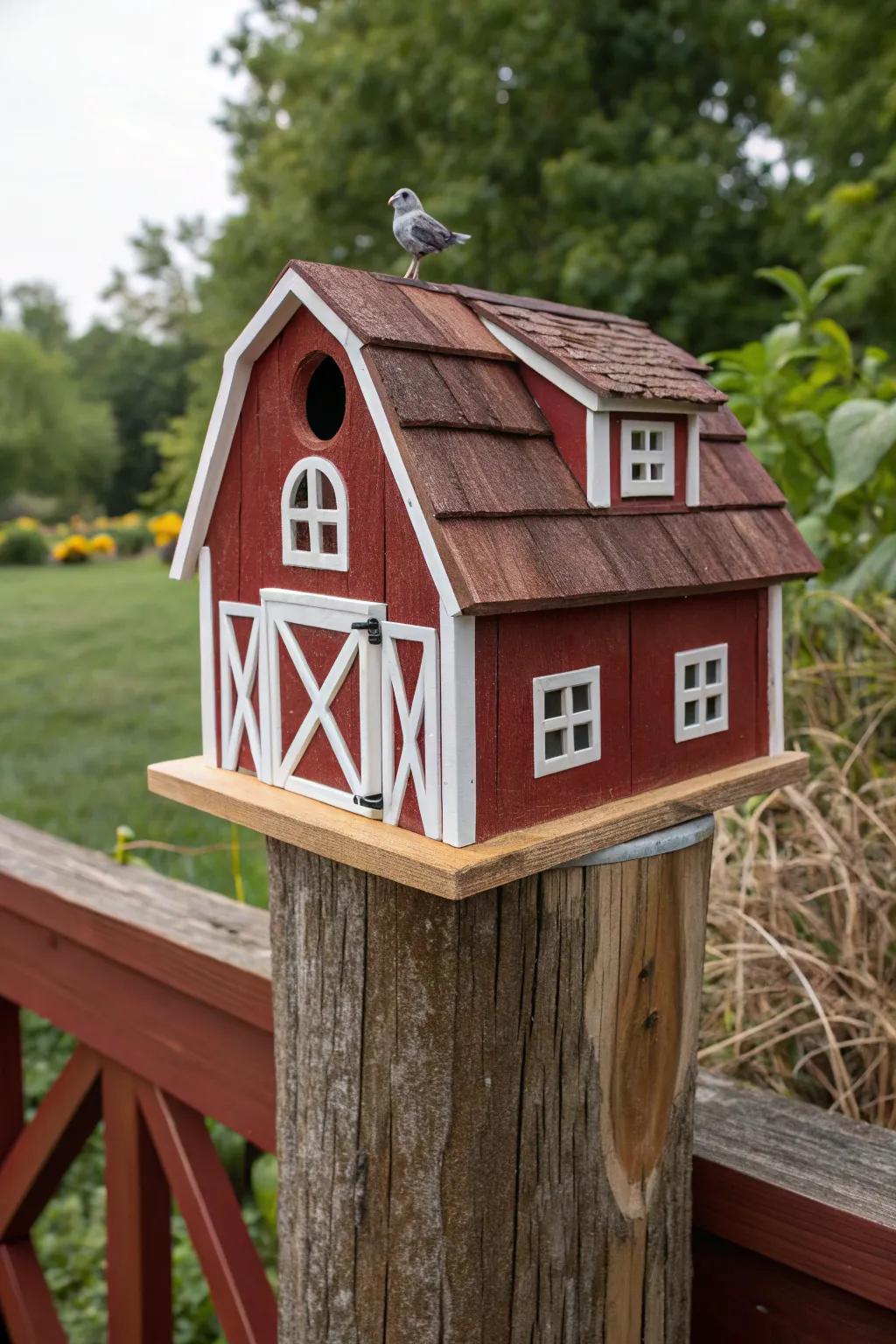 Bring the charm of the countryside to your garden with this delightful barn-themed birdhouse.