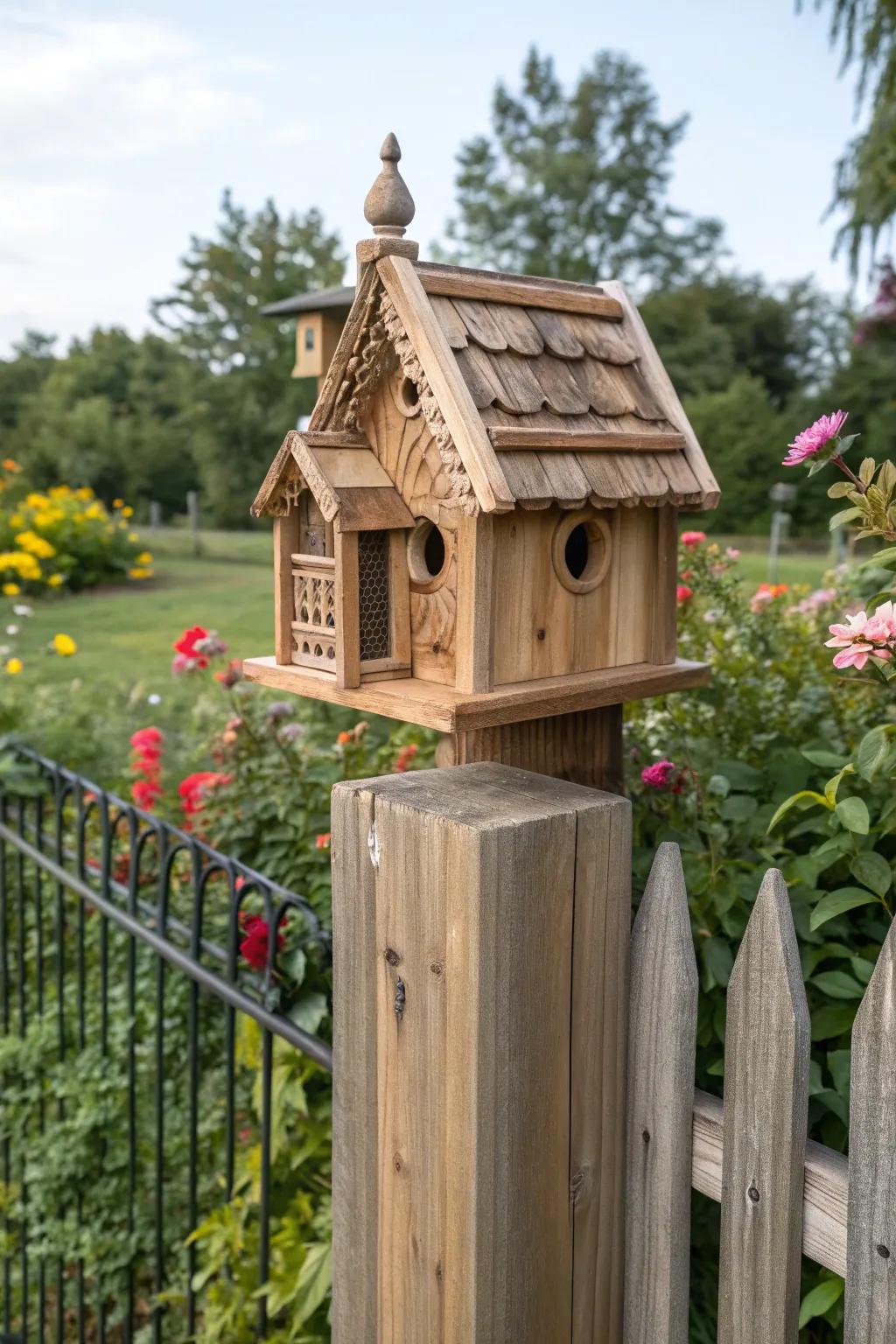 Transform your garden with this exquisite birdhouse post that combines functionality with timeless craftsmanship.