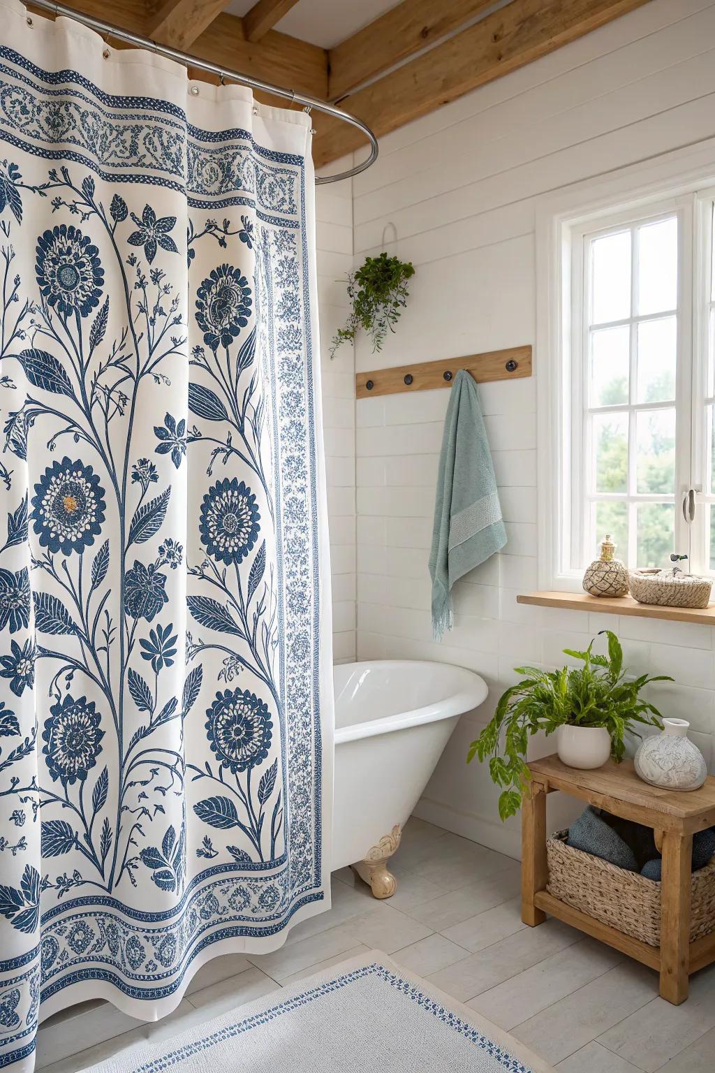 Transform your bathroom into a spa-like retreat with a stunning block printed shower curtain.